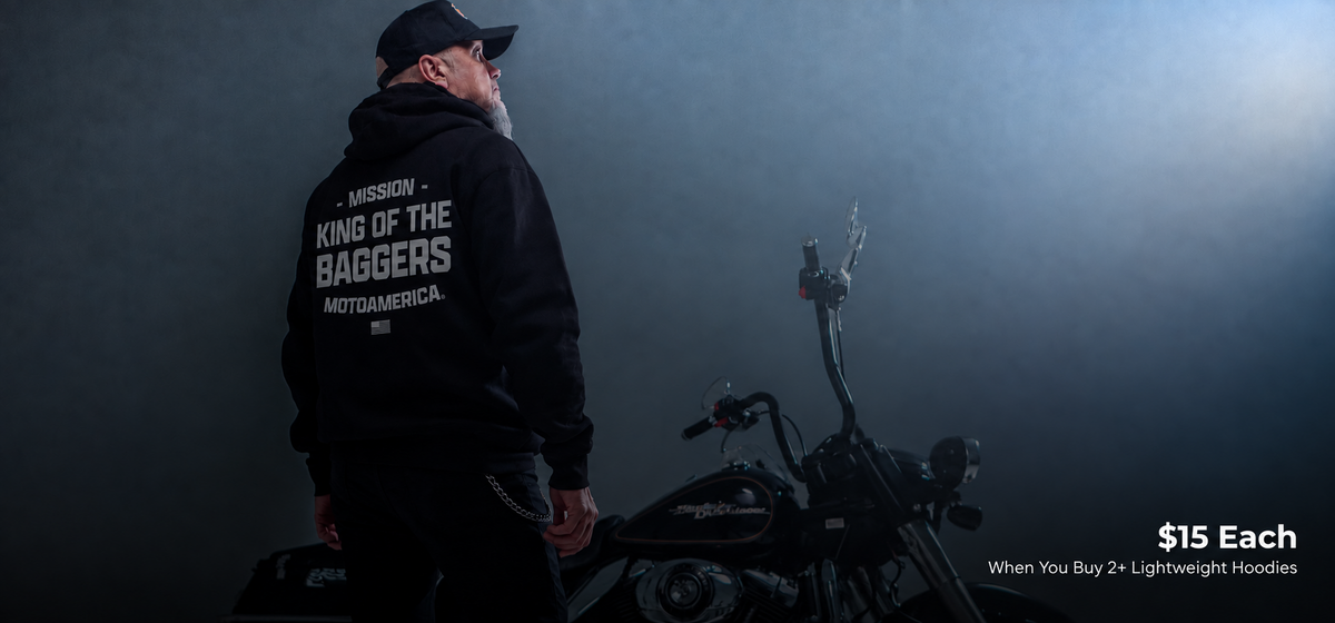 MotoAmerica King of the Baggers lightweight hoodie offer, $15 each when buying two or more
